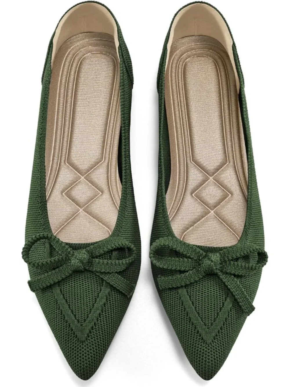 Women's Green Ballet Flats Shoes Dressy Pointed Toe Bow Knit Flats Comfortable